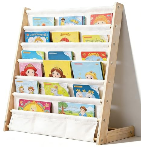 Kinder-Bücherregal 6 Ebenen, Montessori Kinderregal mit Tasche, Kinderregal für Buchaufbewahrung mit Kippsicherung, Bücherregal für Kinder, Wandregal Kinderzimmer für Kinderzimmer und Spielzimmer