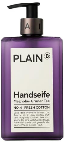 PLAIN B Handseife | NO. 4 FRESH COTTON | Magnolie & Grüner Tee | rückfettende Formulierung für weiche Hände | Flüssigseife im Pumpspender | sanft, blumig, vegan | 250 ml