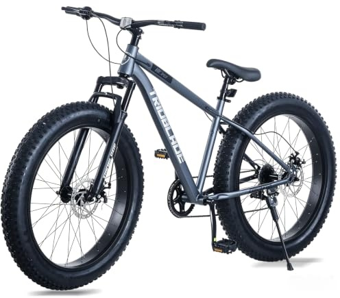 BSETSEL 26 Inch Fat Tyre Wheels Mountain Bike, 7 Speed Gear, Dual Disc-Brake, All-Terrain Bicycle with Front Suspension for Adults Youth Men Women (Grey)