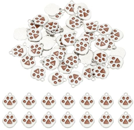 QUARKZMAN 50Stk Emaille Hunde-Pfoten-Anhänger 17.6x15mm Legierung Pfoten-Anhänger Schlüsselanhänger Charm Fußabdruck Tier-Anhänger Halskette Armband Schlüsselanhänger DIY Braun/Silber