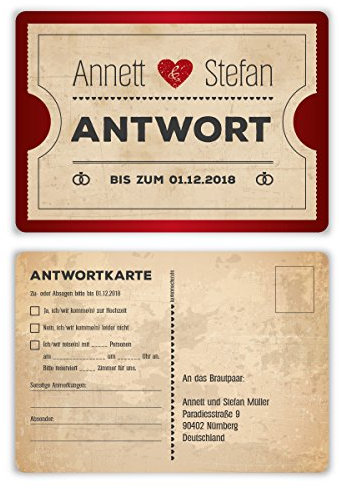 30 x Antwortkarte Hochzeit Hochzeitskarten Antwort Postkarte - Vintage Herz Rot