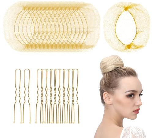 50 Stück Haarnetz Dutt Blond, Haarnetz mit elastischer Kante für Brötchen mit 20-teiliger Gold-Haarnadel für unsichtbare Brötchen für Frauen