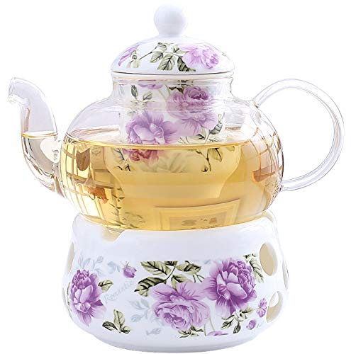 UMITEASETS - Juego de té por uno, tetera con calentador de rosas moradas y set de té de porcelana para uno