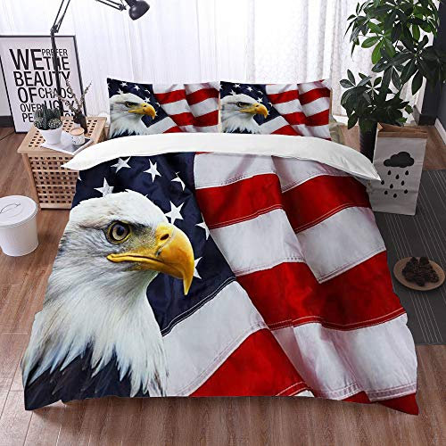 Qinniii 3 Teilig Bettgarnitur Bettwäsche,Amerikanische Flagge USA Weißkopfseeadler Stars and Stripes Flag Hippie,Gemütlich 3D Mikrofaser Bettbezug Set + 2 Kissenbezug 135 x 200 cm