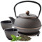 Tealøv THEIERE FONTE 800 ML SET COMPLET | BOÎTE CADEAU | Service à Thé en Fonte avec Théière, 2 Tasses & Dessous Théière | Entièrement Émaillée de l'Intérieur | Design De Style Japonais | Noir/Cuivre