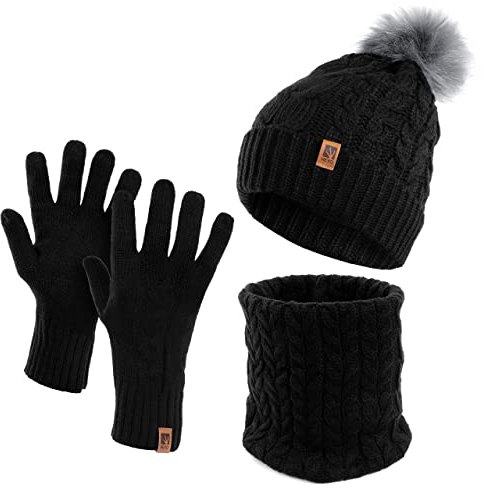 HEYO Damen Wintermütze Schlauchschal Handschuhe 3 teiliges Set | Warme Winter Mütze Schal Winterhandschuhe Beanie gefüttert HZ0004 (Schwarz)