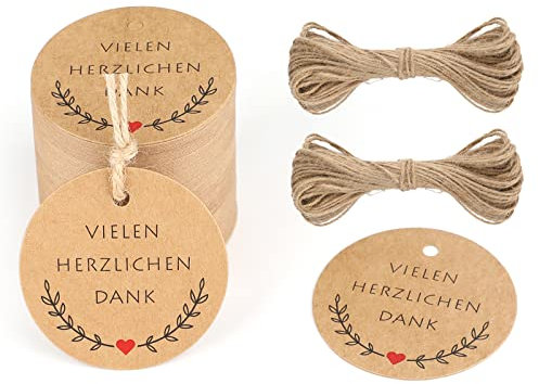 G2PLUS VIELEN HERZLICHEN DANK Geschenkanhänger, 5CM Dankeschön Geschenke Anhänger, Runden Danke Karten Anhänger für Gastgeschenke, 100stk Braun Etiketten Anhänger mit Schnur für Dankeschön Geschenke