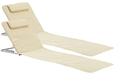 [en.casa] Lot de 2 Tapis de Plage Bain de Soleil avec Dossier Inclinable avec Repose-Tête Sac de Transport Acier Polyester 160 x 49 cm Beige