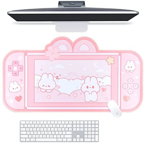 BelugaDesign Sous-main lapin | Tapis de jeu pour clavier NS Switch Grand tapis de souris | Pastel Pink Animal Kawaii Cute Anime Desk Blotter Protector (Lapin Rose, Grand)