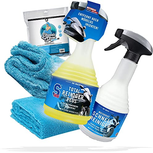 Motorrad Reinigung, Trocknen & Detailer Bundle - Dr. Wack S100 Total Reiniger + Bike Detailer S100 Schnellreiniger+ Nuke Guys Gamma Dryer Trockentuch + Waschhandschuh & Poliertuch 40x40cm