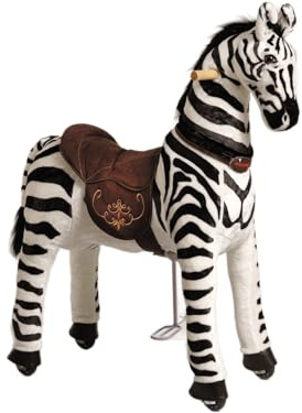 PONNIE Reitpferd mit Rollen Zebra M für Kinder 5-12 J (50 kg) – Ohne Batterie – Mitwachsend Dank höhenverstellbarer Steigbügel – Kämmbar mit abnehmbarem braun Sattel – Für drinnen & draußen – 87 cm