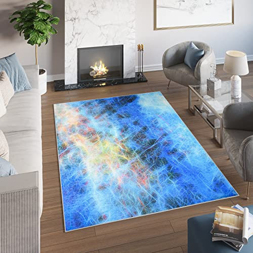 TAPISO Toscana Teppich Bedruckter Teppich Blau Hellblau Gelb Nein Abstrakt Netz Waschbar rutschfest Wohnzimmer Schlafzimmer Büro Modern Design 160 x 230 cm