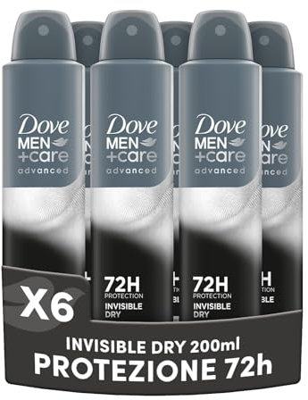 Dove Deodorante Dove Men + Care Invisible Dry Spray Advanced Care, Deodorante Uomo, con 1/4 Crema Idratante, Formula Idratante e Anti-Macchia, Protezione Fino a 72 Ore, 6 Pezzi da 200ml