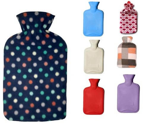 Meown 2L Hot Water Bottle with Fleece Cover – Leakproof Hot Water Bag & Natural Rubber Bottle for Period Cramps, Neck & Back Pain, Reusable Cold & Heat Therapy, Winter Bed Warmer (Dark Blue Polka Dot)