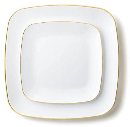 Decorline - Ensemble Vaisselles d'assiettes Plastique réutilisables de 32 pièces/Pour 16 Personnes - Classic Square - Blanc/Or - Assiettes Dîner & Entrée Dessert - 2 tailles (16x25cm & 16x18cm)
