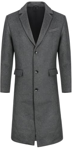 Allthemen Mens Long Winter Coat Wool Slim Fit Outerwear Lapel Collar Trench Coat Business Elegant Coats Grey L