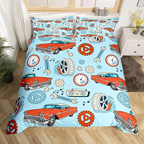 Rote Auto Bettwäsche Sets 135x200 für Jungen Vintage Fahrzeug Tröster Abdeckung,Getriebe Feuer Bett Auto Maschinen Set Bettbezug,Radio Musiknoten Quilt Cover Weich,Blau (Reißverschluss Verschluss)