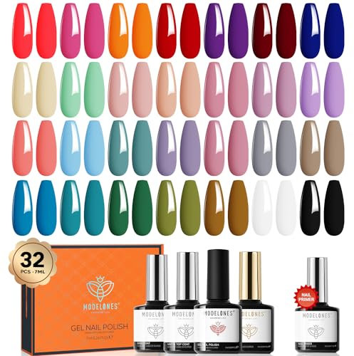 Modelones 32pc Gel Nail Polish Set, 28 Colors All Seasons with Glossy & Matte Top Coat, No Wipe Base Coat & Nail Primer - Orange, Brown, Red, Purple Classic Colors - DIY Home Gift