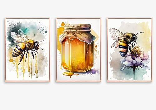gfc Set von 3 Bienen Druck Bild Poster Herz A4 ungerahmt Bienenhonig Küche Wandkunst Wohnkultur Dekorieren Schlafzimmer