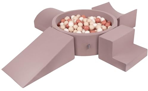 KiddyMoon Spielset aus Schaumstoff mit Bällebad (200 Bälle) + Version 5 - Hindernisläufe, Klettergerüst, Softbausteine & Schaummodule für Babys & Kinder - Erikafarben: Pastellbeige/Lachsfarben/Weiß