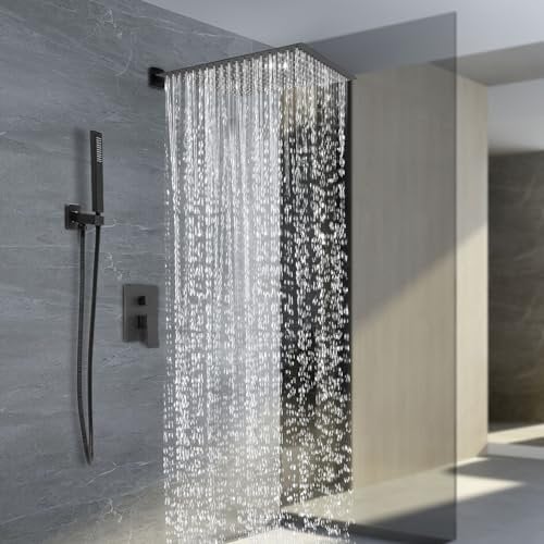 Regendusche Unterputz Duscharmatur Komplettset Wand Duschsystem inkl. 40 x 40 cm Große Quadratisch Kopfbrause, Handbrause, 360° Verstellbare Brausehalter, Schwarz