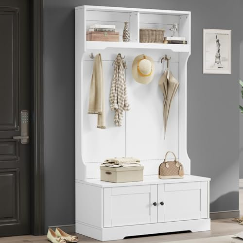 KOMHTOM Porte-manteau blanc avec banc à chaussures - Ensemble de 4 crochets - Armoires de couloir - Pour entrée, entrée de chambre