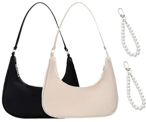 ZGDEIWGF 2 Einfarbige Umhängetaschen, 2 Perlenschnallen, Damen-Achseltasche, Modische Clutch-Tasche, Tragbare Canvas-Tasche, Knödeltasche, Lässige Pendlertasche