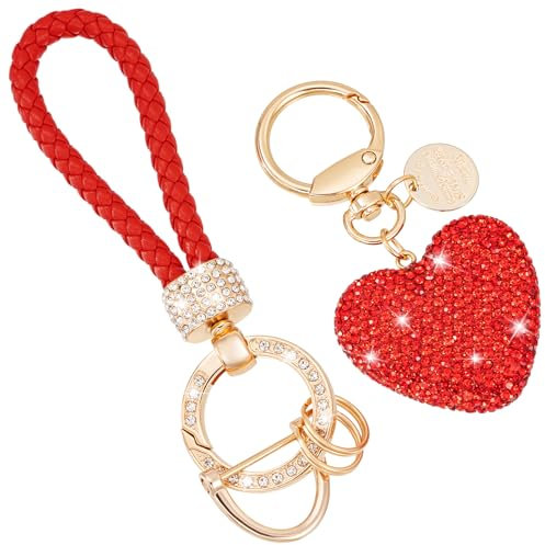 JSRQT Porte-clés de Voiture Pailleter Porte Clefs Bling Porte Clés Tissé Coeur Porte-clés Brillants Accessoires de Voiture pour Femmes Porte Clés Universel en Cuir pour Voiture Moto Maison (Rouge)