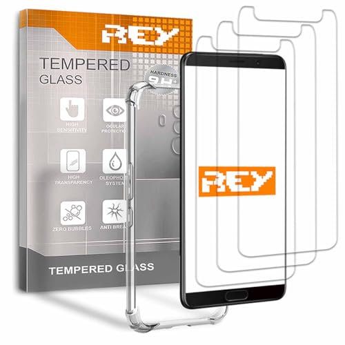 REY 3X Protector de Pantalla y Funda Anti-Shock para Huawei Mate 10, Cristal Vidrio Templado y Silicona TPU de Alta Resistencia