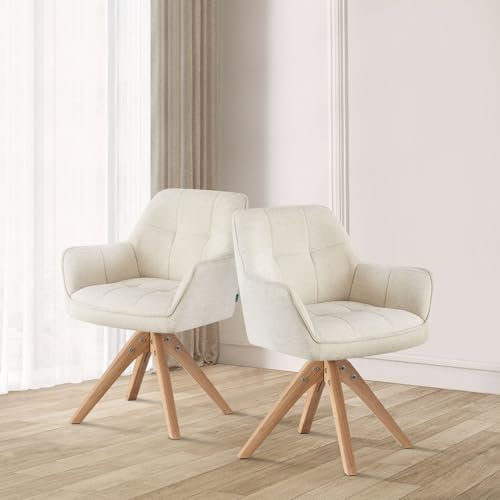 DUBI Möbel® Premium Esszimmerstühle Thomas-FINA 2er Set – Armlehnstuhl drehbar mit Federkernpolsterung, Massivholzgestell Eiche, 150 kg belastbar, hochwertig verarbeitet, Creme Weiß