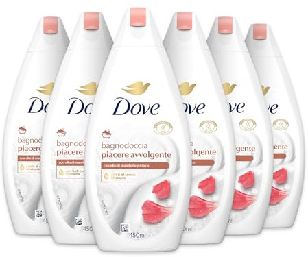Dove Wohltuendes Duschgel, dermo-natürliche Feuchtigkeitspflege, Mandelöl, 1/4 Feuchtigkeitscreme, dermatologisch getestet, Schaumbad für Damen und Herren, 100% recycelte Flasche* 6 Stück x 450 ml
