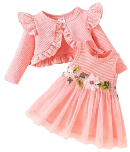 JiAmy Baby Girls Dress and Cardigan 2PCS Fall Outfits Sleeveless Floral Dresses Ruffle Sleeve Waffle Coat Clothes Set for Toddler Girl 3-6 Months Pink