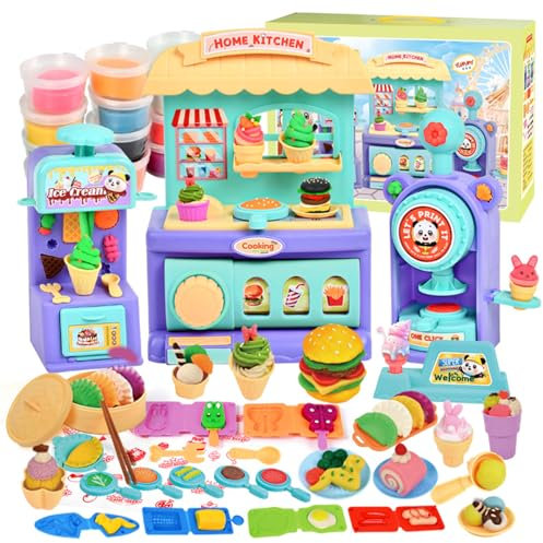 Polegas 60 PCS Color Dough Tools Set, Dough Accessories with Tools and Molds, Ice Cream Maker Machine, Vending house, Burger Stamping Machine, Dough Burger Set for Kids Age 3+