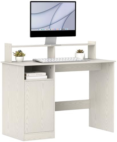 HOMCOM Scrivania PC con Supporto per Monitor, Scrivania per Computer Moderna con Armadietto e Ripiani per Casa e Ufficio, 108x50x94 cm, Crema
