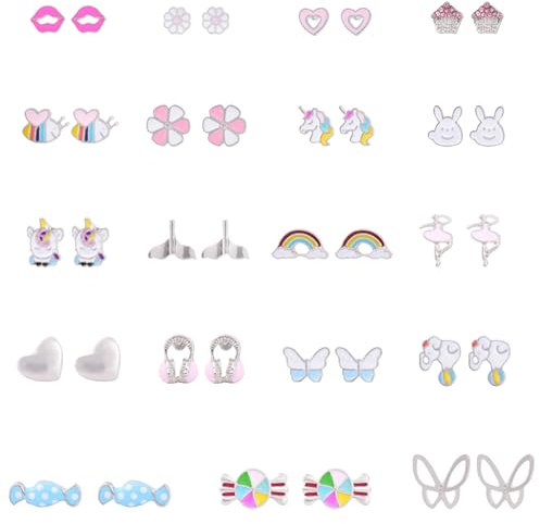 CJQRL 18 Paires Boucle d Oreille Enfants Fille, Mignon Boucles D'Oreilles, Boucles D'Oreilles Hypoallergéniques Mignon Papillon Zircon Multicolore Fleur Coeur Vis Dos Boucles d'oreilles Ensemble