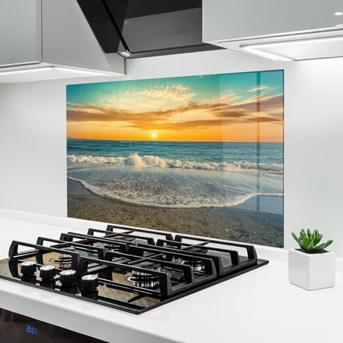 ARTHUB® Glass Kitchen Splashback 60x100 cm, Tempered Glass 4mm | Heat Resistant, Stove Splash Guard, Wall Protector, Landscapes, Beach Dramatic Sunset
