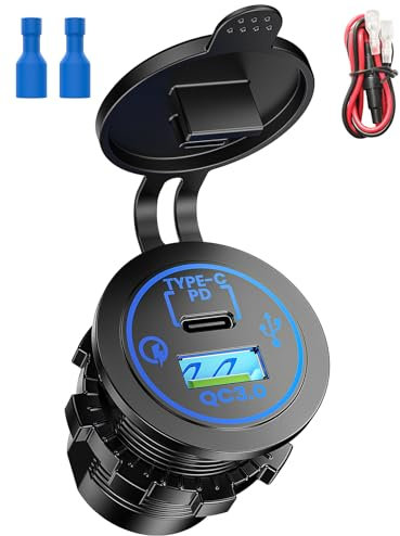 Funyord Adattatore USB-C per Accendisigari 48W PD3.0 & QC3.0 - Caricatore Auto USB con Presa 12V/24V, Luce LED Blu - Ricarica Rapida per iPhone, Samsung Galaxy, Huawei, Xiaomi, iPad (48W PD3.0+QC3.0)
