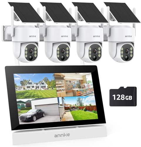 ANNKE Juego de cámara de seguridad exterior con monitor de 4 canales de 7 pulgadas, 4 cámaras de seguridad para exteriores 4MP PT con panel solar, audio en 2 vías, visión nocturna en color, detección