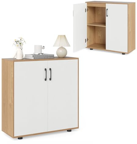 KOMFOTTEU Credenza Cucina con 2 Ante, Mobile Buffet con Ripiano Regolabile, Armadio Dispensa in Legno Antiribaltamento, per Sala da Pranzo, Soggiorno, Ingresso, 80 x 31,5 x 82 cm (Naturale)