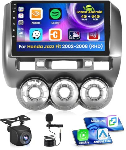 Inefala 4G 64G for Honda Jazz Fit 2002-2008 for Right-hand Drive Radio Screen CarPlay Android 13 IPS 9 Touchscreen Car Stereo Android Auto Backup Camera Bluetooth 5.0 GPS FM RDS EQ 13UI