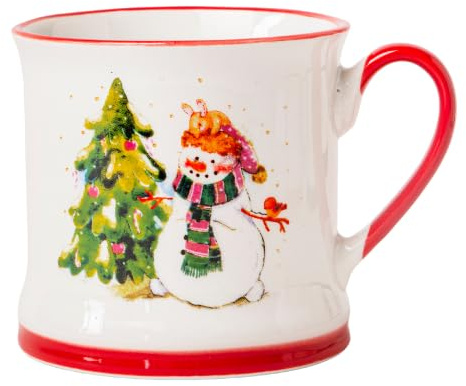 FabFinds Snowman Ceramic Mug 340ml Cute Holiday Coffee & Tea Cup with Christmas Print, Glazed Winter Drinkware Gift for Hot Chocolate, Cocoa or Seasonal Gifting Assorted Designs (Snowman by The Tree)