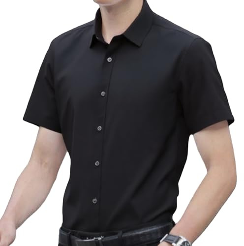 JiaYouLC Men's Short Sleeve Shirts for Men Classic Stretch Casual Shirts with Standard Collar (UK, Alpha, XXL, Regular, Regular, Black)