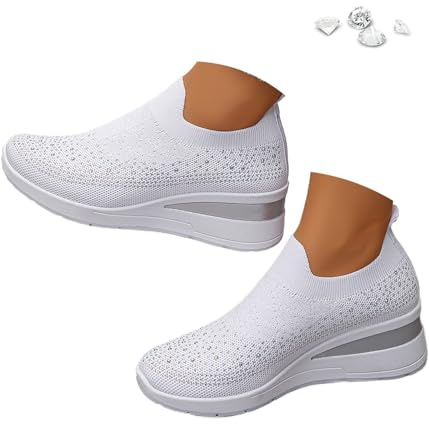 Zapatillas de cuña transpirables con diamantes de imitación brillantes para mujer, zapatos casuales de malla con diamantes de imitación para caminar