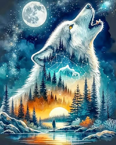 FLAJZ Malen Nach Zahlen Erwachsene, DIY Handgemalt Tiere Ölgemälde Set für Anfänger und Erwachsene, Malen Nach Zahlen Wolf mit 3 Pinseln und Acrylfarbe zur Heimdekoration, Ohne Rahmen (40×50cm)