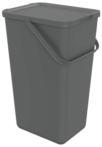 SUNDIS Loops, poubelle de tri 32L, avec couvercle, anse, gris | Rectangulaire, en plastique recyclé, stickers, pour cuisine, cantine, restaurant, salle de pause