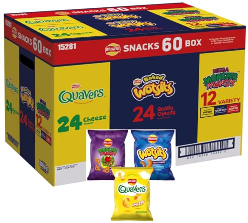Giant Crisps Multipack Snack Box Walkers Crisps Snack Variety Box 60 Pack Quavers Baked Wotsits Mega Monster Munch Cheesy Flavour Crisps Snack Mix for Party, Office, Movie Nights & School Lunchbox