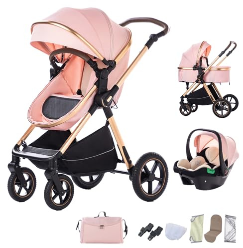 BEBBY 3-in-1 Kinderwagen KombiKinderwagen-Set 2-in-1 Buggy faltbar Luxus Hochlandschaft Neugeborenes Tragbarer Zusammenklappbarer Kinderwagen Travel System (D2-Pink, H2-D)