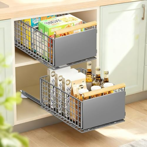 EOJDDPA Ausziehbare Schublade für Küche 2Stück,Telescop Schubladensystem mit Vollauszug,bis 25kg,Schubladenorganizer für tiefe Schränke Graue 39,5x23,5x19cm