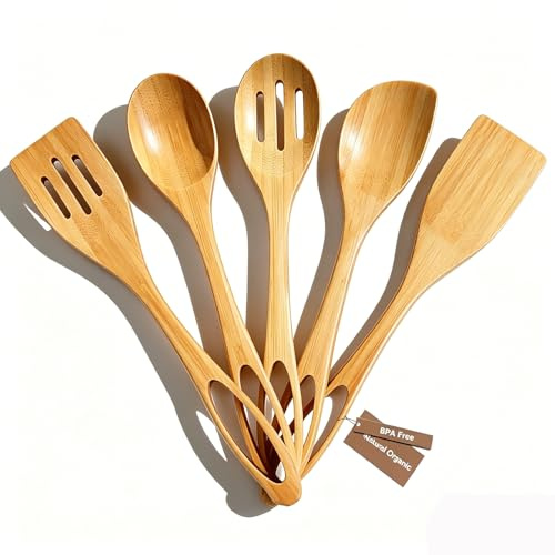 Wooden Spoons for Cooking,5 Smooth Bamboo Spatula Kitchen Utensils Set | 11.8 Inch, Heat-resistant Wood Spatula, Lightweight Bamboo Cooking Utensils, Kitchen Tools for Non-stick Pan