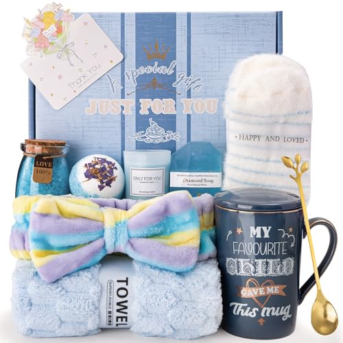 12 regali di compleanno per mamma da figlia figlio, regalo per la festa della mamma per matrigna, nonna, cesto di San Valentino, con tazza in ceramica, cucchiaio, calzini, fascia per capelli